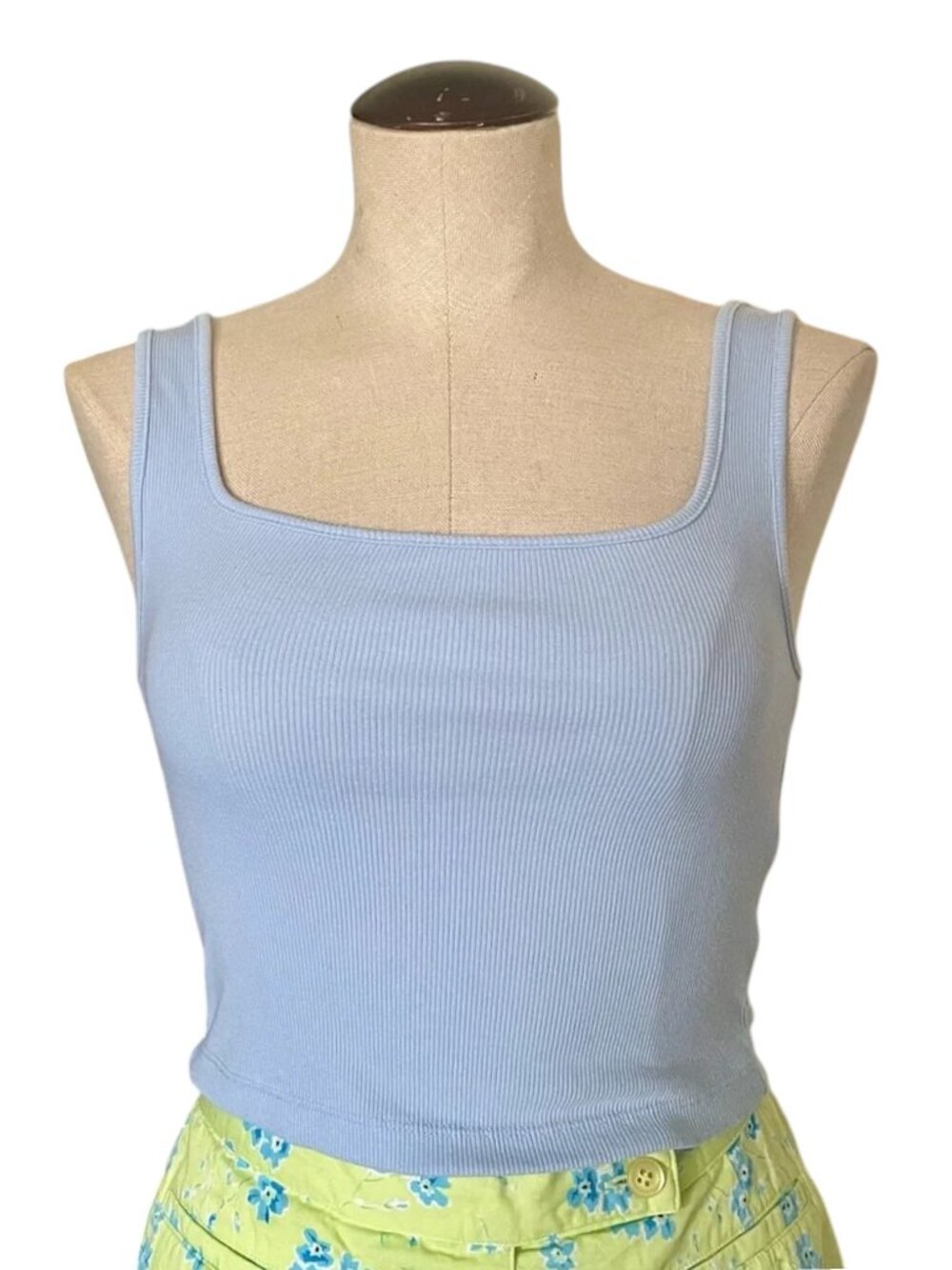 Old Navy Light Blue Ribbed Cropped Tank Top - Square Neck - Size Small Petite - Picture 2 of 5